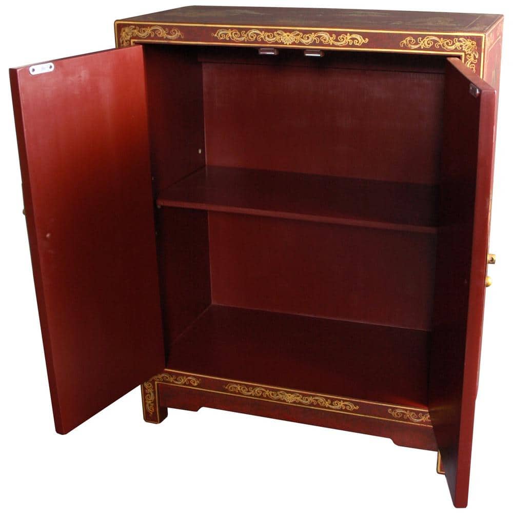 Handcrafted Red Lacquer Oriental Cabinet with Antique Brass Hardware