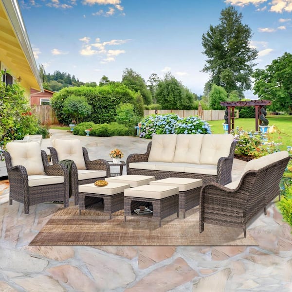 DWIOM Brown 9-Piece Wicker Patio Furniture Set Outdoor Rattan 3-Seat Sofa Armchair Ottomans and Side Table with Beige Cushion