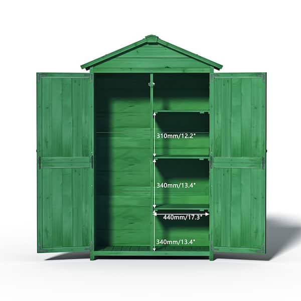 Hot Seller Green 3 ft. W x 1.5 ft. D Wood Garden Tool Shed with 4 Shelves,  Asphalt Roof and 2 Doors (4.5 sq. ft.)