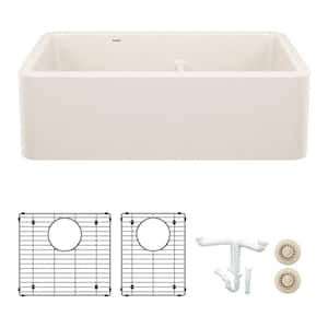 Ikon 33 in. Farmhouse/Apron-Front Double Bowl Soft White Granite Composite Kitchen Sink Kit with Accessories