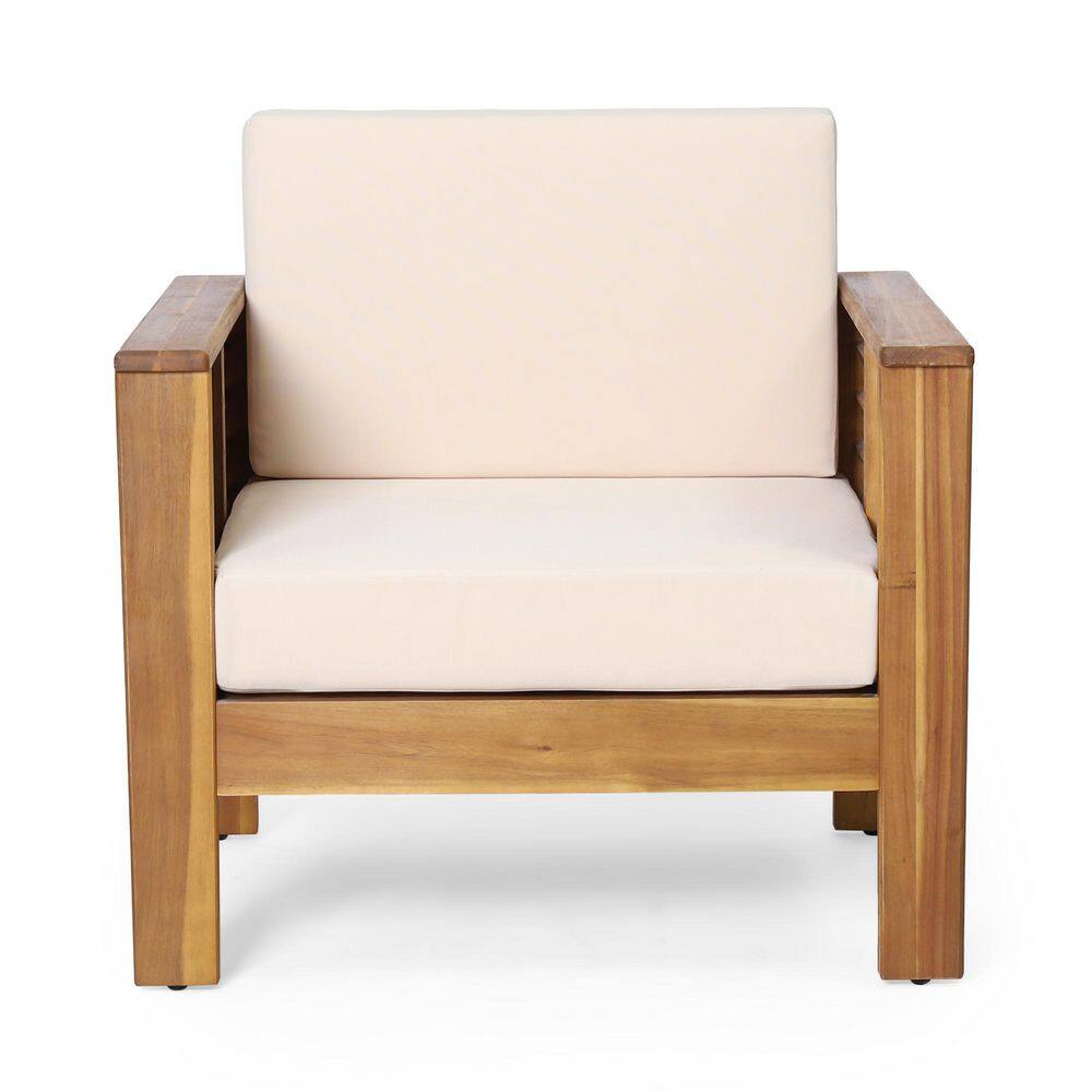 Outdoor Acacia Wood Lounge Chair with Beige Cushions, Patio Club Chairs for