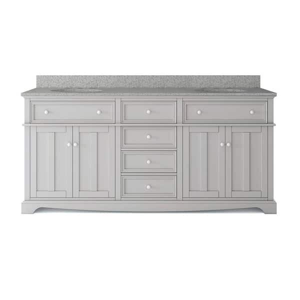 Fremont 72 in. Double Sink Freestanding Grey Bath Vanity with Grey Granite Top (Assembled)