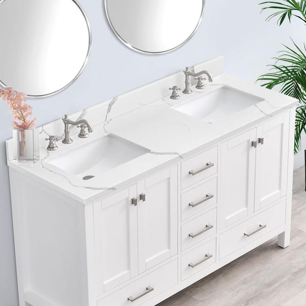 Miragy 60 in. W x 22 in. D Quartz White Rectangular Double Sinks Bathroom Vanity Top in Calacatta Classique
