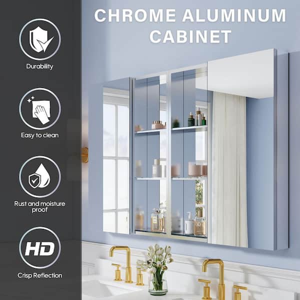 WELLFOR 56 in. W x 36 in. H Rectangular Polished Aluminum Tri-View