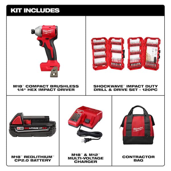 Milwaukee M18 18V Lithium-Ion Brushless Cordless Compact Drill/Driver w/One 2.0 Ah Battery, Charger & Bit Set (120-Piece)