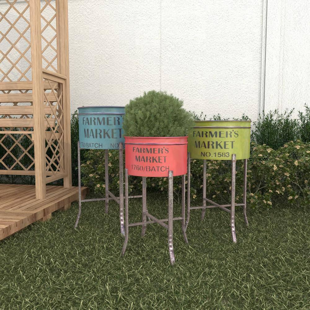 Farmhouse Multi Colored Iron Planters with Stands, Set of 3