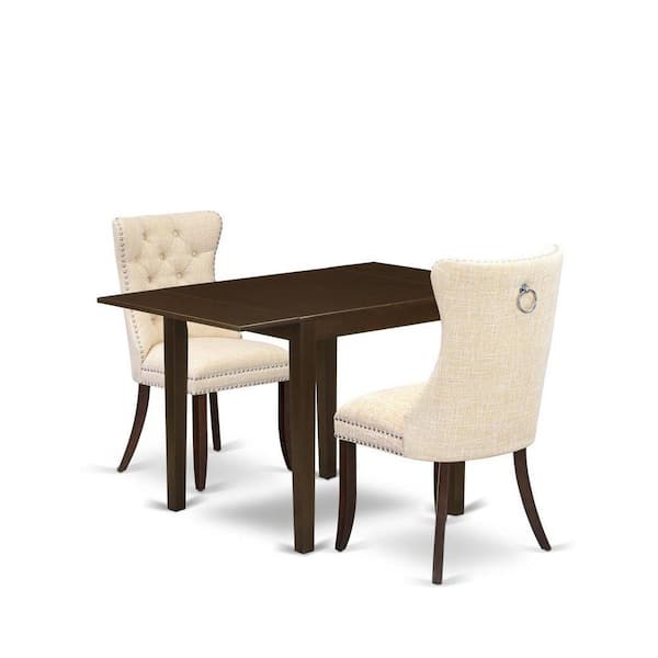 East West Furniture 3-Piece Mahogany Finish Rectangular Solid Wood Top with Dropleaf Dining Table Set