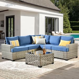 Ulrica 6-Piece Wicker Outdoor Sectional Set with Blue Cushions
