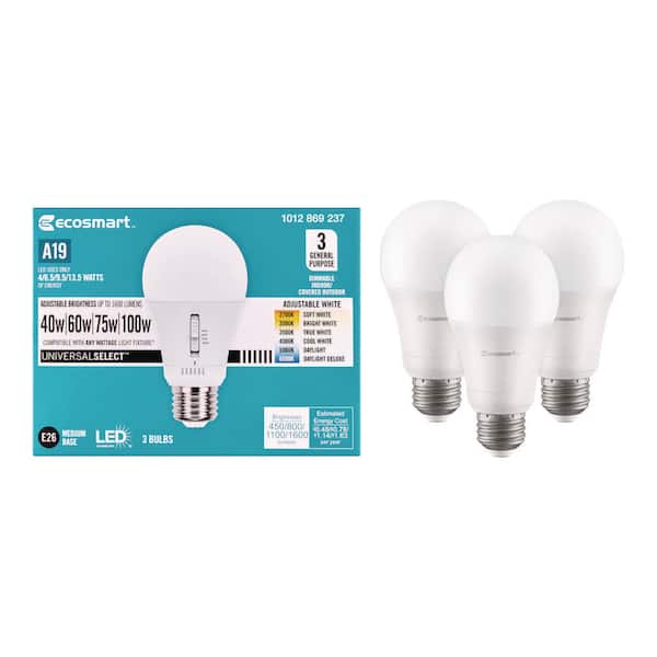 Universal Select 40/60/75/100-Watt Equivalent A19 Dimmable LED Light Bulb with Selectable Color Temperature (3-Pack)
