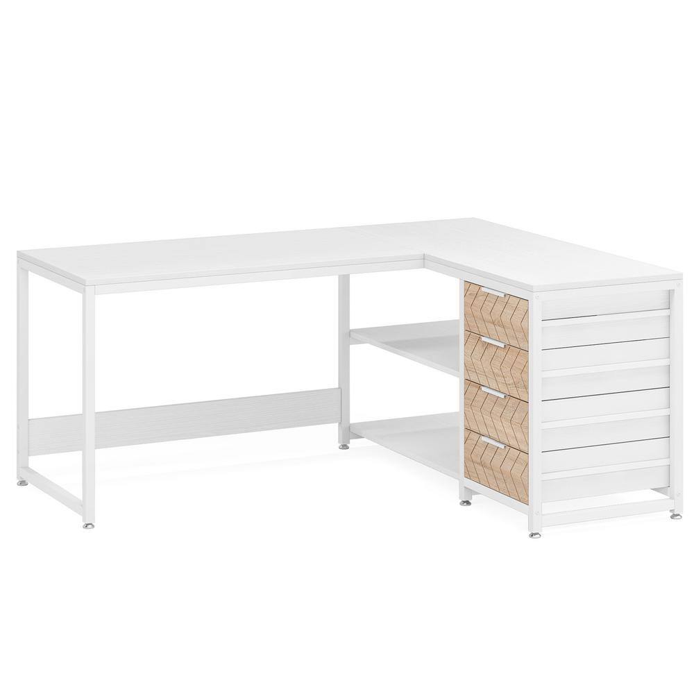 Lanita 59 in. L-Shaped White Engineered Wood 4-Drawer Executive Desk with Shelves,Reversible Computer Desk Writing Table
