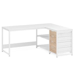 Lanita 59 in. L-Shaped White Engineered Wood 4-Drawer Executive Desk with Shelves,Reversible Computer Desk Writing Table