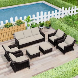 Brown 7-Piece Rattan Wicker Patio Conversation Set Garden Lawn Furniture with Beige Cushions