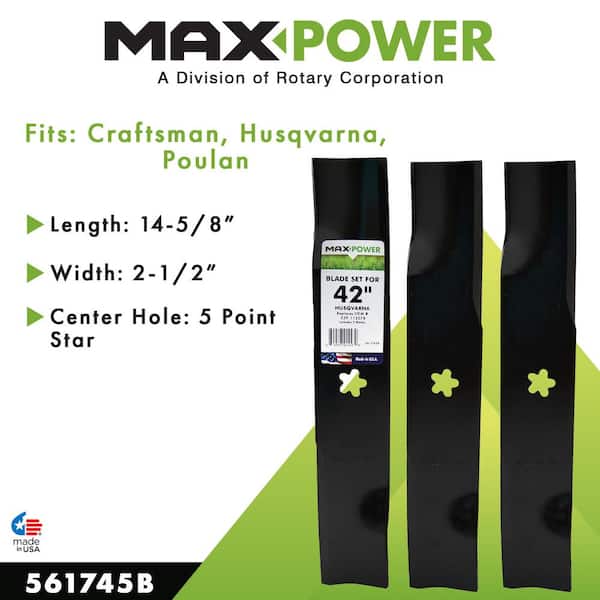 Maxpower 3 Blade Set for Many 42 in. Craftsman, Husqvarna, Poulan Mowers replaces OEM #539-112078 561745B