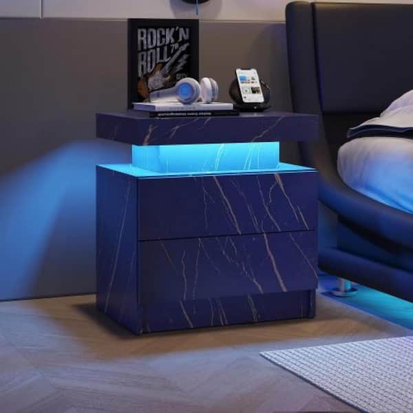 Clihome Blue Gold 2-Drawers 19.3 in. W Nightstand LED Bedside Table Cabinet Modern End Side Table