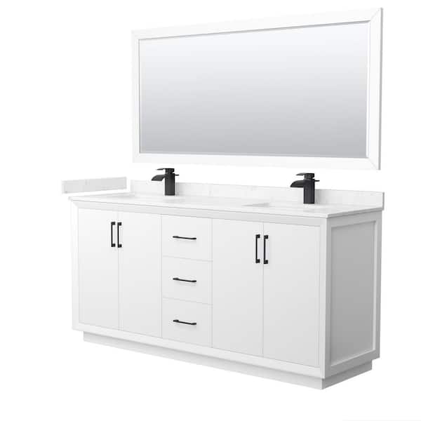 Wyndham Collection Strada 72 in. W x 22 in. D x 35 in. H Double Bath Vanity in White with Carrara Cultured Marble Top and 70 in. Mirror