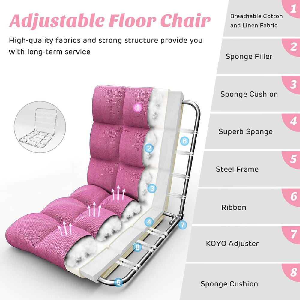 Pink Adjustable 14-Position Metal Frame Cotton Floor Chair