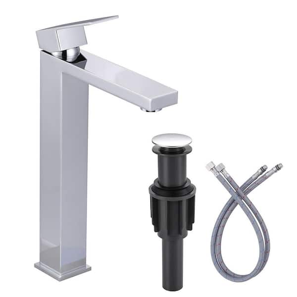 WOWOW Single Handle Single Hole High Arc Bathroom Faucet with Supply Line Included in Polished Chrome