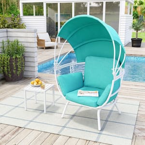 White Aluminum Classic Outdoor Egg Lounge Chair with Blue Cushion and Blue Sun Shade Cover