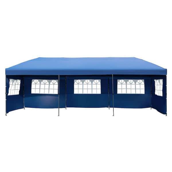 Zeus & Ruta 10 ft. x 30 ft. Navy Blue Pop Up Canopy with 4-Sidewalls and Wheeled Bag for Backyard, Wedding Party Tent