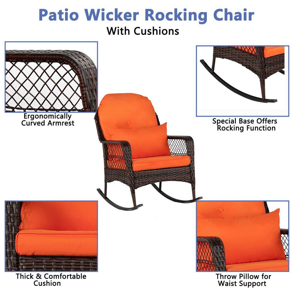 Brown Wicker Outdoor Rocking Chair with Orange Cushions