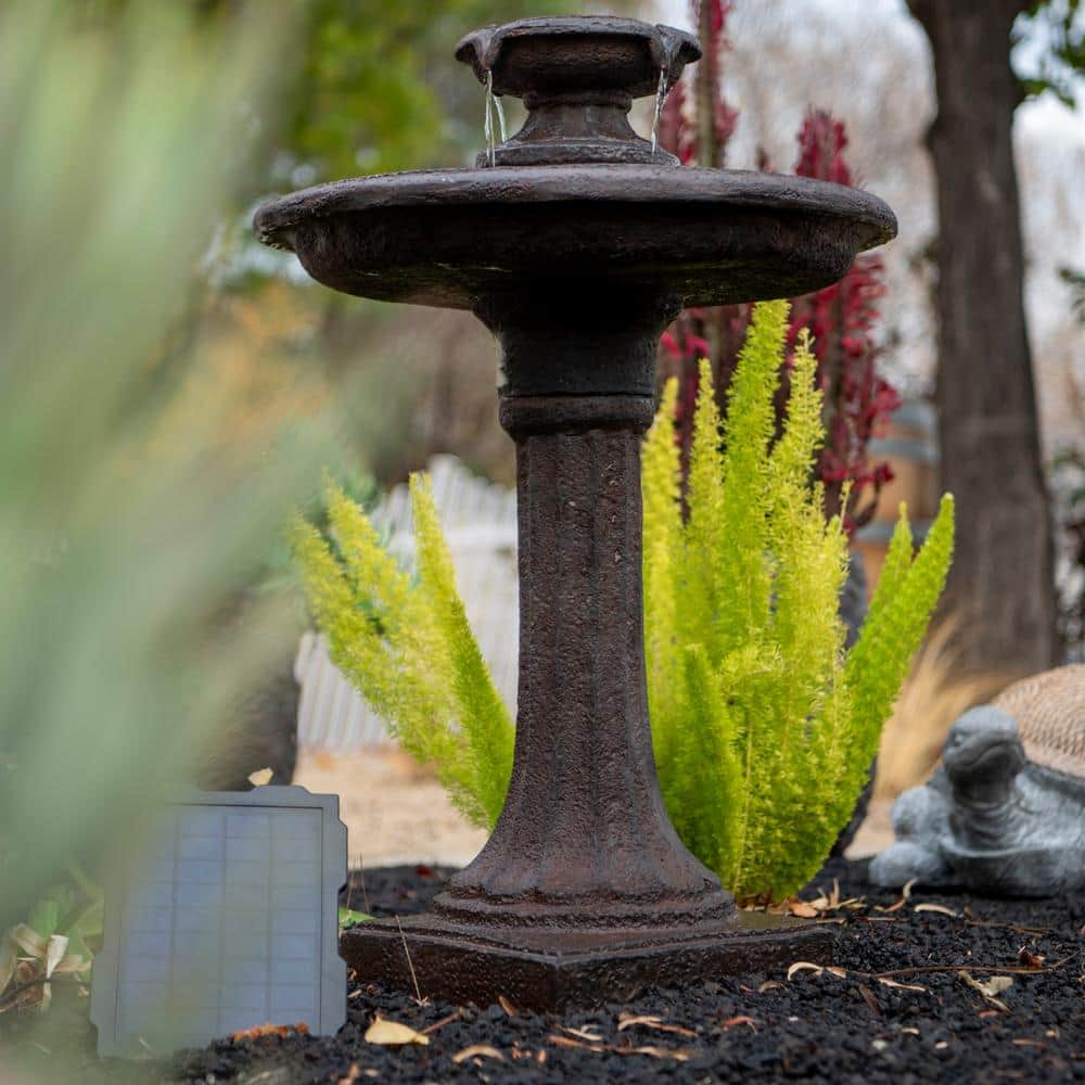 28" Brown Resin Solar Powered Outdoor Birdbath Water Fountain