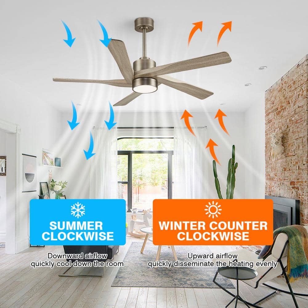 54" Brushed Nickel and Wood Grain Ceiling Fan with LED Light and Remote