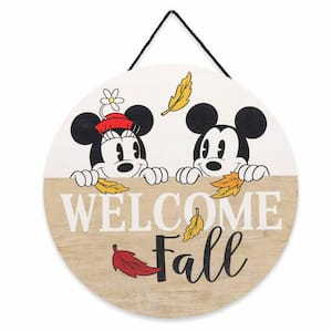11 in. Tan Mickey and Minnie Mouse Welcome Fall Round Hanging Wood Wall Decor