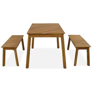 3-Piece Natural Acacia Wood Outdoor Dining Set with 2 Benches and Long Table for Patio, Porch, Poolside