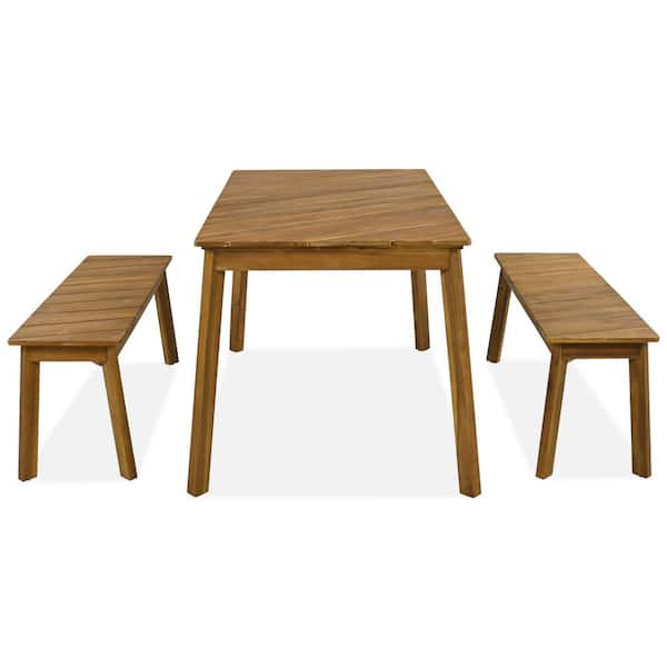 Unbranded 3-Piece Natural Acacia Wood Outdoor Dining Set with 2 Benches and Long Table for Patio, Porch, Poolside