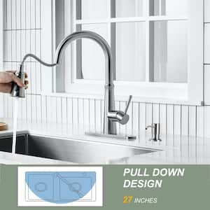 Single Handle Pull Down Sprayer Kitchen Faucet with Deckplate and Soap Dispenser in Brushed Nickel