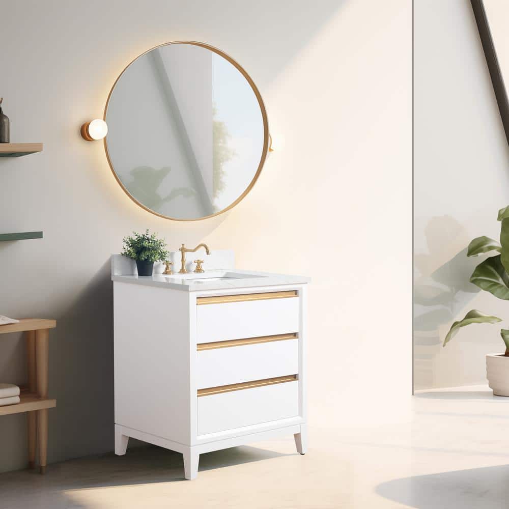 White Poplar Wood Single Bathroom Vanity with Marble Top