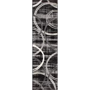 Contemporary Abstract Circles Design 2 ft. x10 ft. Black Runner Rug