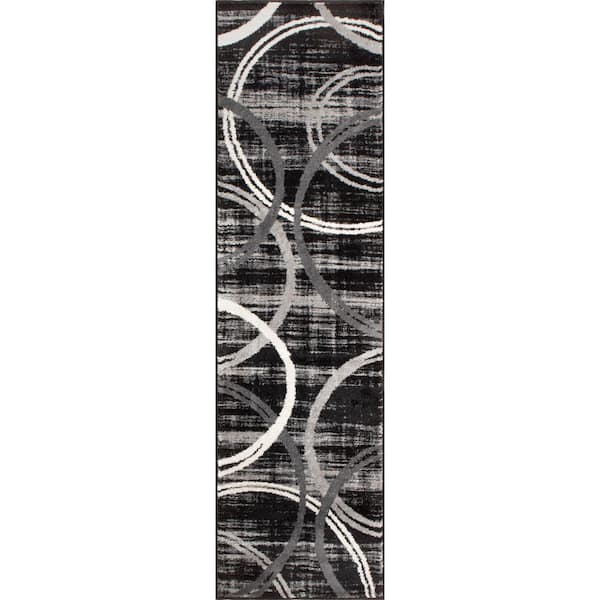 WRG Contemporary Abstract Circles Design 2 ft. x10 ft. Black Runner Rug