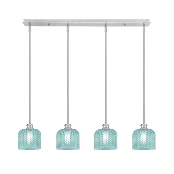 Unbranded Albany 60-Watt 4-Light Brushed Nickel Linear Pendant Light with Turquoise Textured Glass Shades and No Bulbs Included