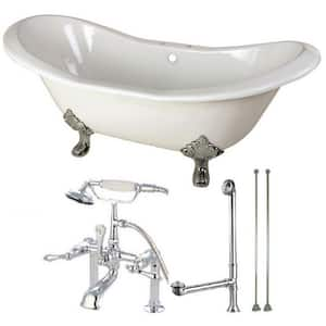 Double Slipper 72 in. Cast Iron Clawfoot Bathtub in White and Faucet Combo in Chrome