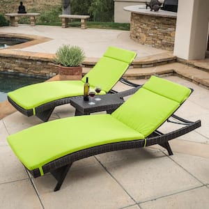 Miller Multi-Brown 3-Piece Faux Rattan Outdoor Chaise Lounge and Table Set with Bright Green Cushions