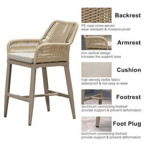 Modern Aluminum Rattan Counter Height Outdoor Bar Stool with Back and Beige Cushion (4-Pack)