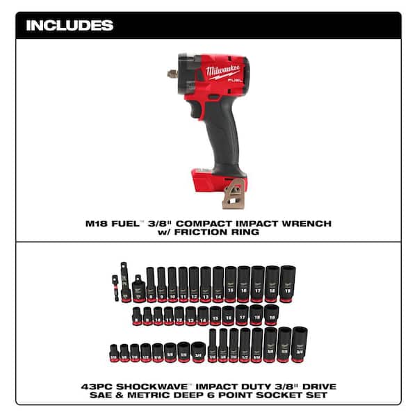 M18 FUEL GEN-3 18V 3/8 in. Compact Impact Wrench (Tool Only) with 3/8 in SHOCKWAVE 43-Pc Socket Set