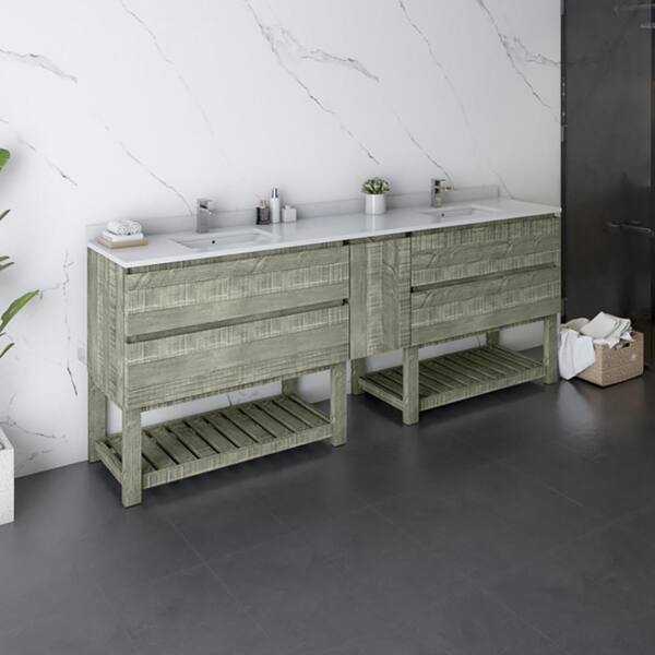 Fresca Formosa 84 in. Double Sink Freestanding Open Bottom Sage Gray Bath Vanity with White Quartz Top and Ceramic Sink