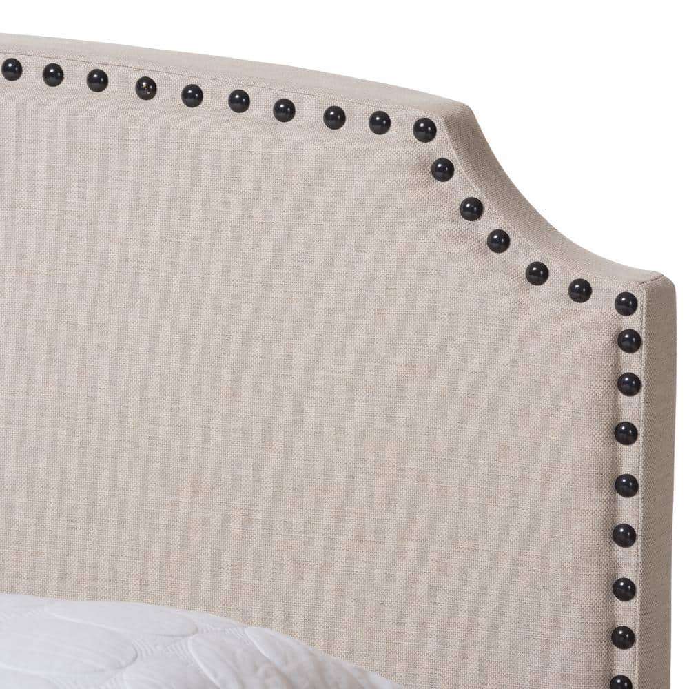 Light Beige Upholstered King Bed with Nailhead Trim