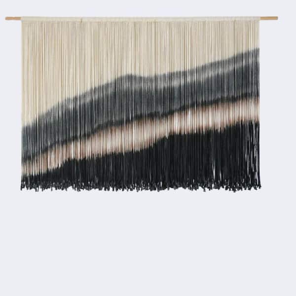 57 in. x 35 in. Black Boho Macrame Wall Hanging-Dip Dyed Fiber Art, Large Corded Wall Decor for Living Room