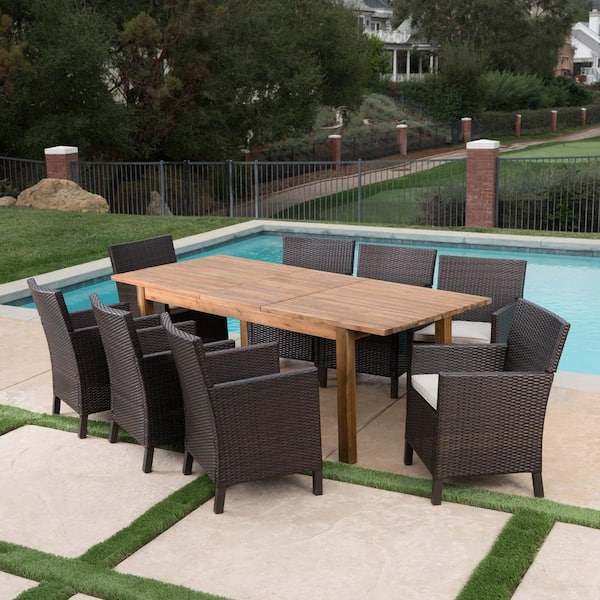 Noble House Cobalt Teak Brown and Multi-Brown 9-Piece Wood and Faux Rattan Rectangular Outdoor Dining Set with Light Brown Cushions