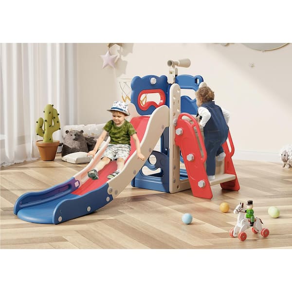 SEEUTEK Asem 6 ft. Blue Red 6-In-1 Toddler Slide Kids Indoor Slide for Toddlers 1 to 3, Kids Toddler Slide Playset