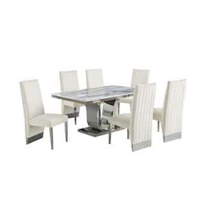 Ada 7-Piece White Marble Top With Stainless Steel Base Table Set With 6 Cream Velvet, Nail Head Trim Chairs