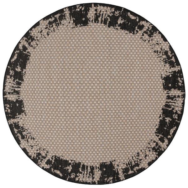 Beach House Black/Beige 7 ft. x 7 ft. Distressed Border Indoor/Outdoor Round Area Rug