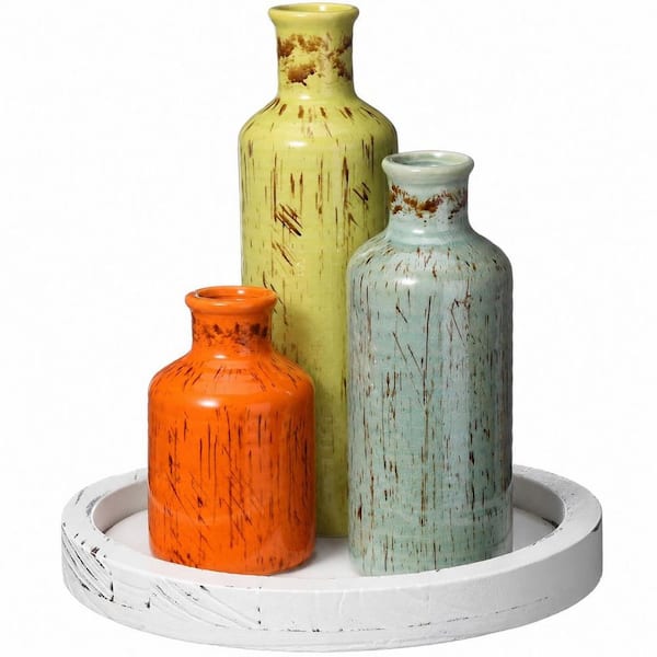 Multi-Colored 14.6 in. W Natural Platters 5-Piece Rustic Boho Tabletop Centerpiece Set with 3 Ceramic Vases