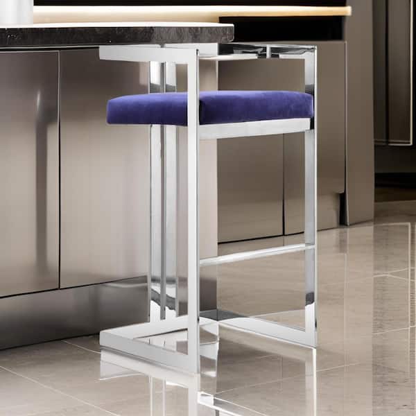 Benjara 29.5 in. Navy Blue and Silver Low Back Metal Frame Bar Stool with Velvet Seat