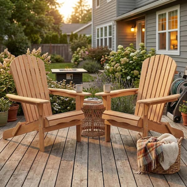 SUNRINX Light Brown Solid Cedar Wood Folding Adirondack Chair Set