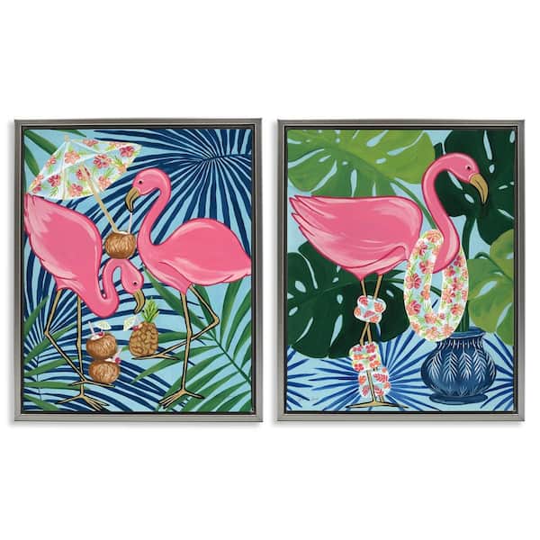 Happy Hour Flamingos by Yvette St. Amant 2-Pieces Gray Floater Frame Animal Graphic Art Print 21 in. x 17 in.