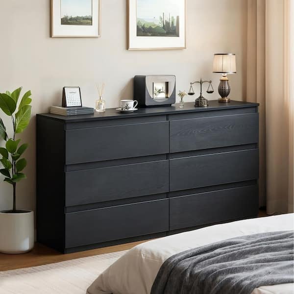 Black 6-Drawer Wood Chest of Drawers Modern Style 31 in H. x 47 in W. x 16 in. D
